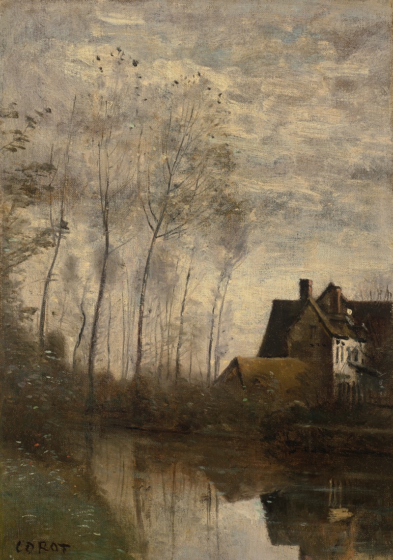 Jean-Baptiste-Camille Corot - Un coin de rivière avec maison et peupliers