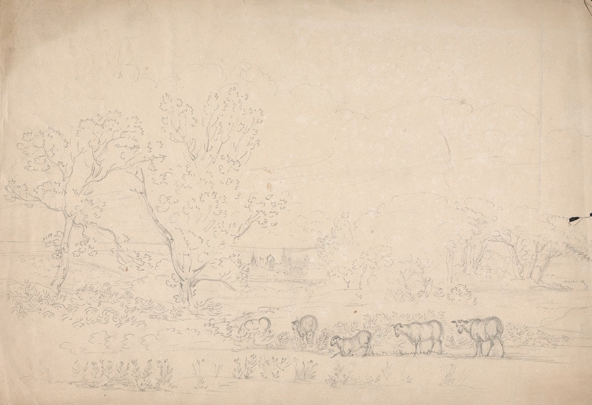 Rev. William Warren Porter - Landscape Study with Sheep, Oxford in the Distance