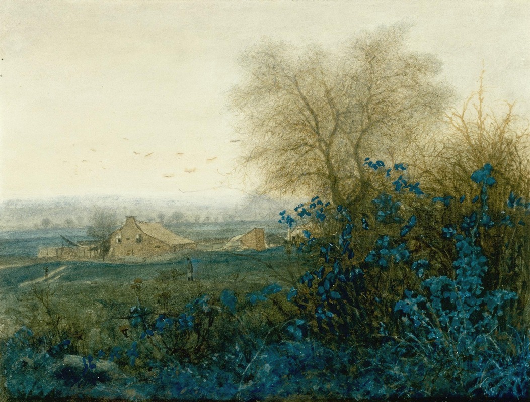 Léon Bonvin - Landscape with a Farmhouse and a Peasant Wheeling a Barrow