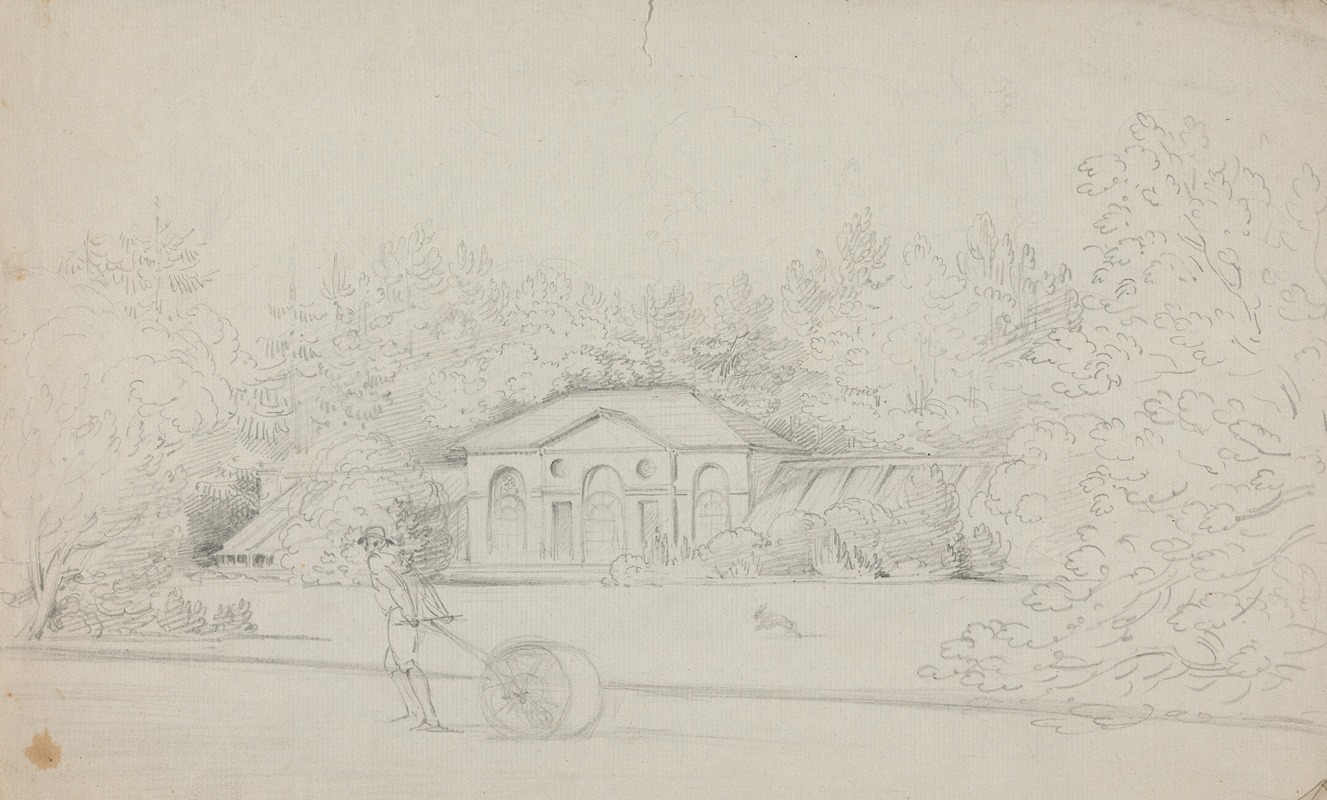 Rev. William Warren Porter - Study of a Cottage and a Man Rolling the Lawn