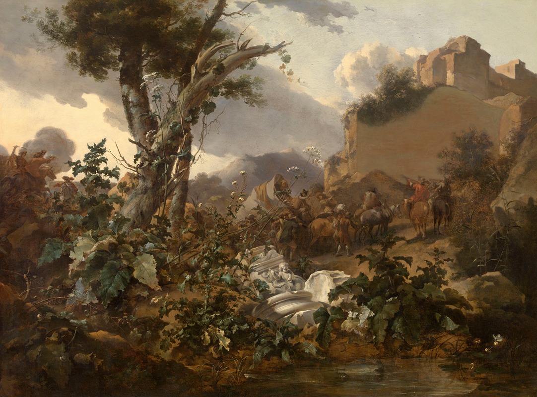 Nicolaes Pietersz. Berchem - Italian Landscape with a Cavalry Battle