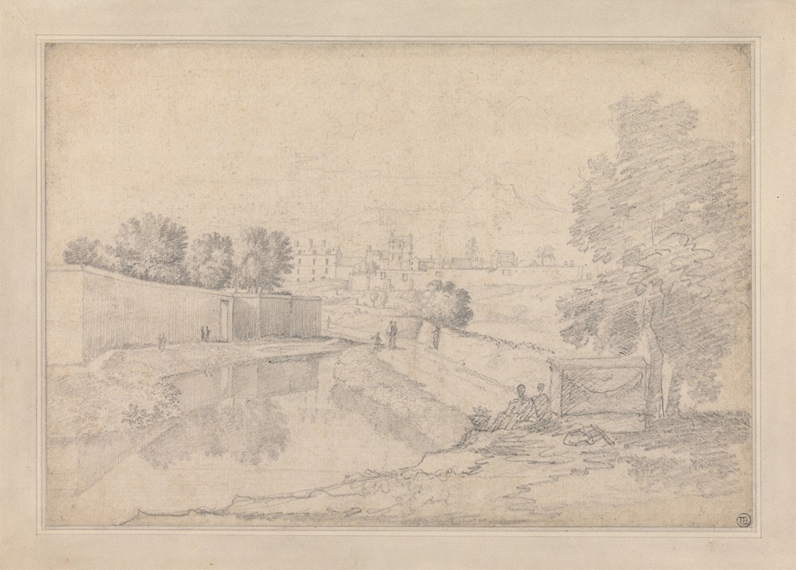Richard Wilson - Italian Landscape with River Running Between High Wall at Left and High Bank at Right Towards a Small Town with Figures on the Banks