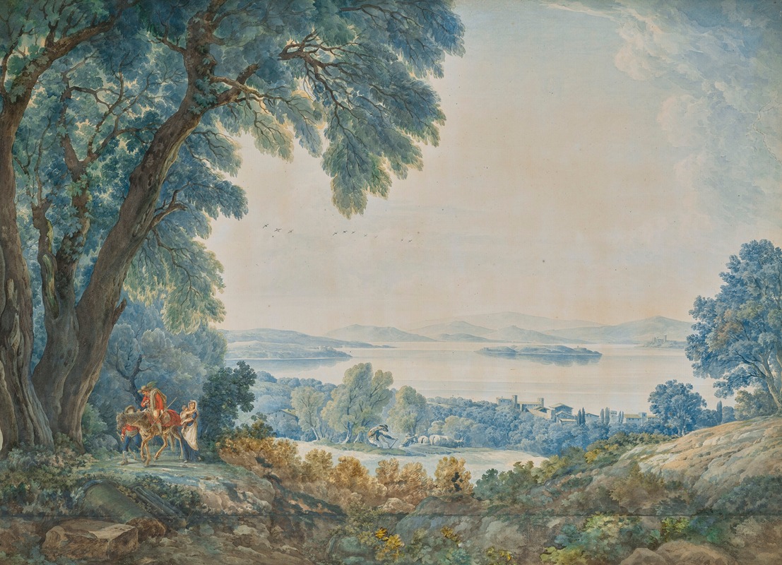 Abraham-Louis-Rodolphe Ducros - An extensive view with a lake outside Rome (possibly Lake Bolsena), with figures