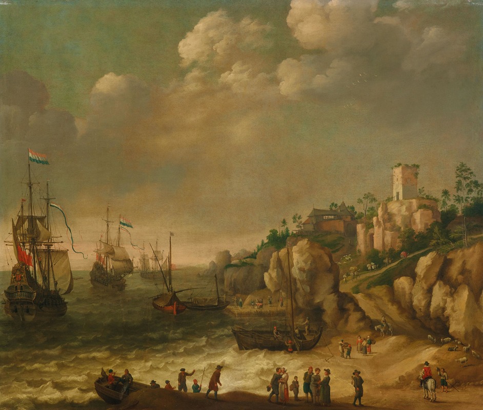 Adam Willaerts - Dutch ships in front of a rocky coast with figures, buildings beyond