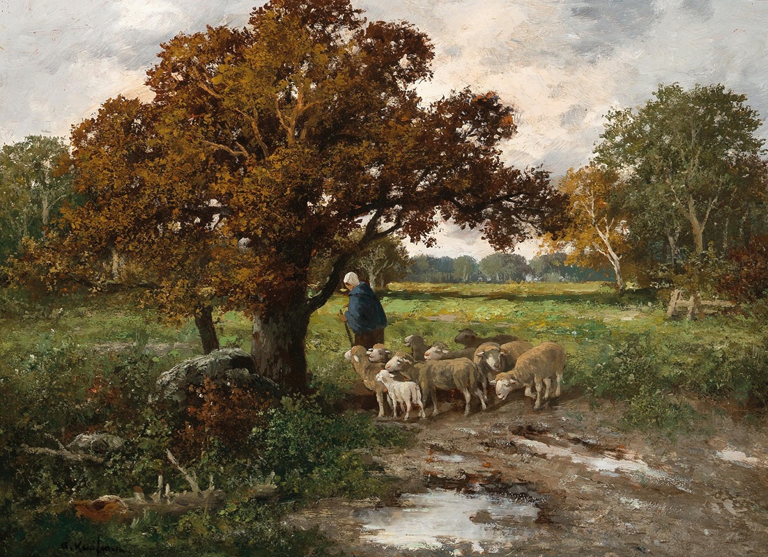 Adolf Kaufmann - A Shepherdess with a Flock of Sheep