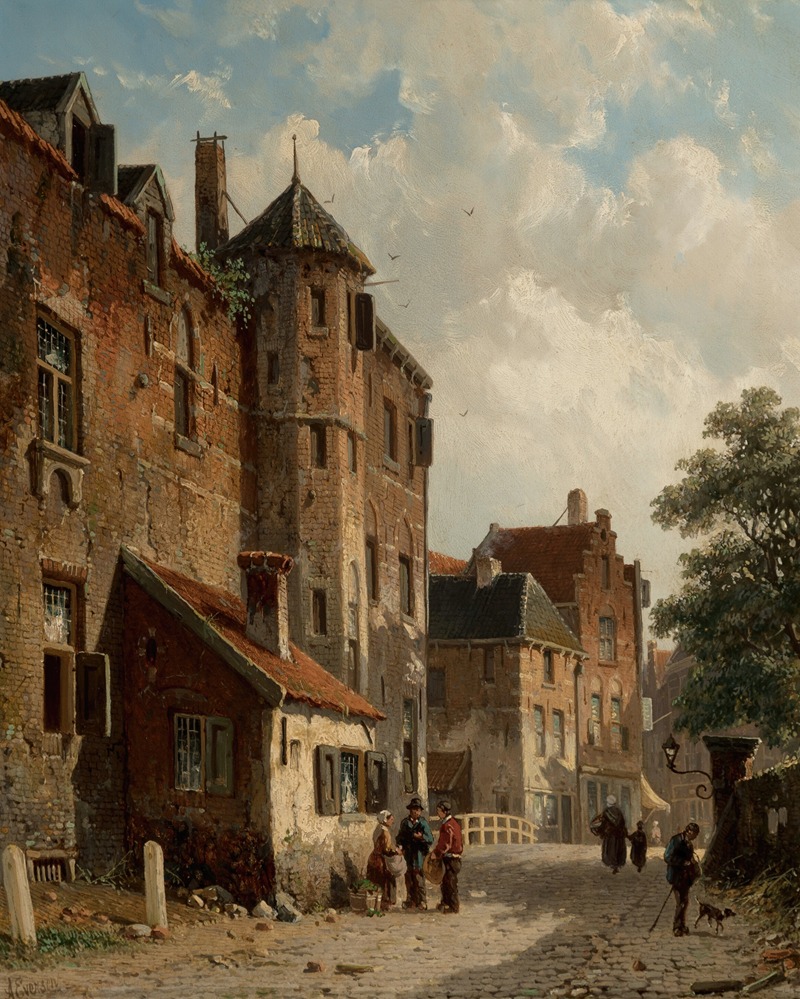 Adrianus Eversen - View of a sunlit Dutch street scene