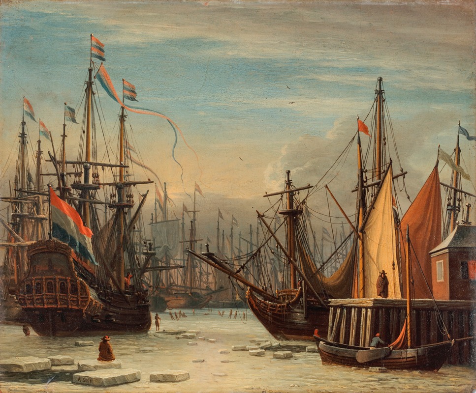 Aernout Smit - A view of the IJ harbour in winter, Amsterdam, with figures skating between the ships, a figure seated on an ice floe in the foreground