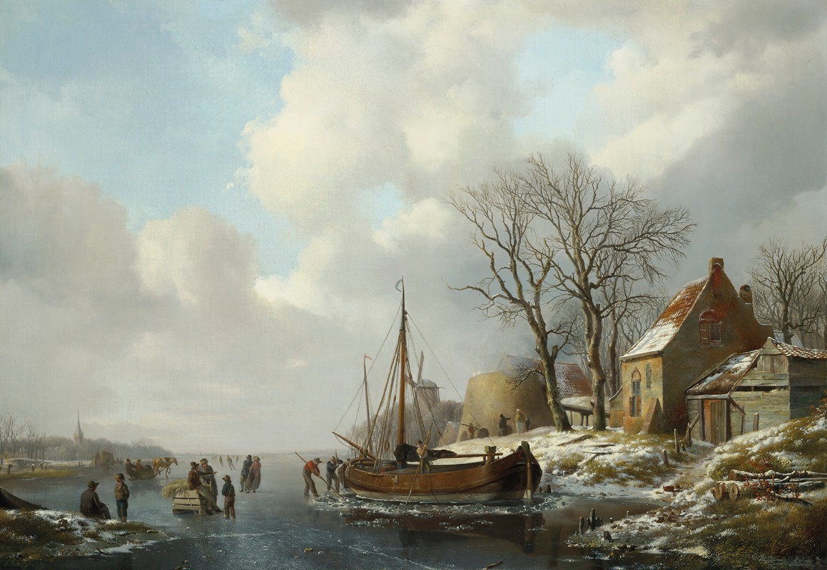 Andreas Schelfhout - Winter landscape with figures by a boat on a frozen waterway