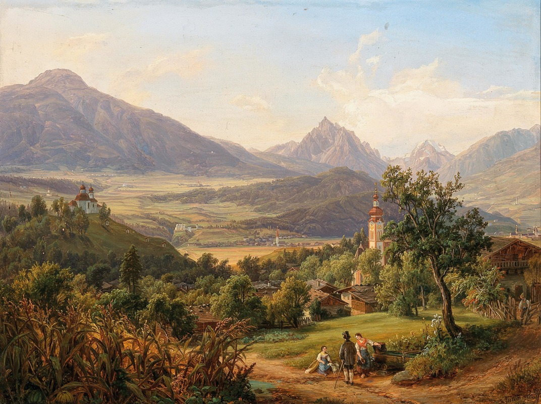 Anton Schiffer - Dorf Arzl und der Kalvarienberg von Innsbruck mit Ansicht Schloß Anna, heiligen Wasser, der Waldraster-Spitze und kleinen Stubayer Ferner
