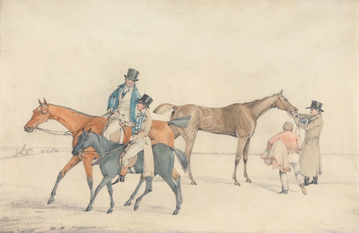 Samuel Alken - After the Race; Owner or Trainer Riding and Conversing with Jockey on Trainer’s Hack; at Right, a Racehouse Being Watered and Rugged after Racing