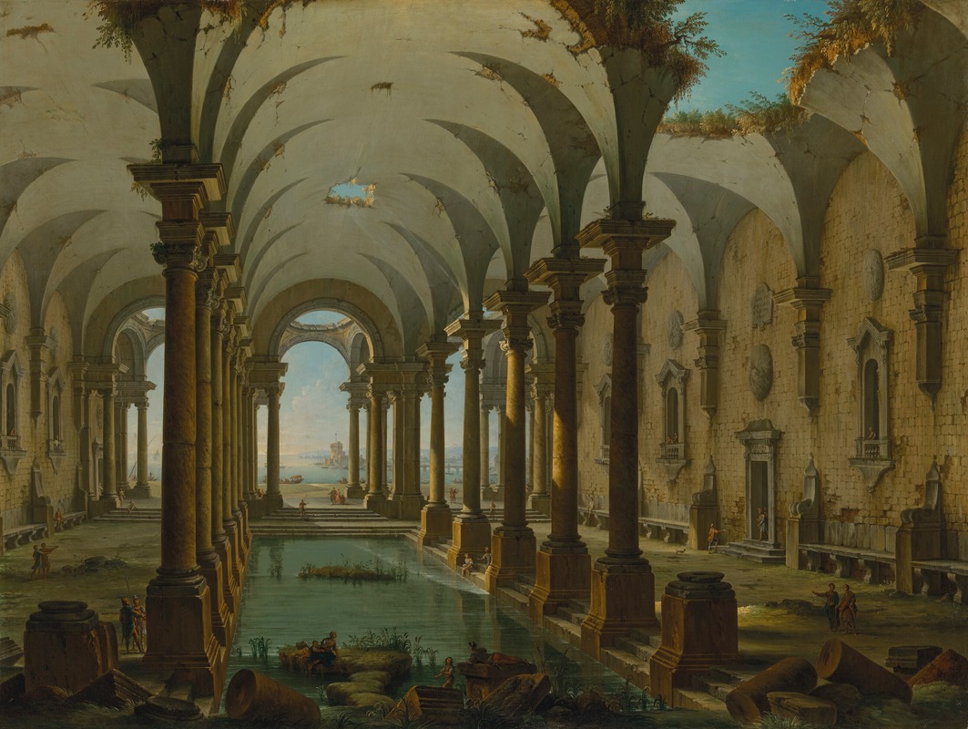 Antonio Joli - A capriccio of partially ruined baths with people swimming