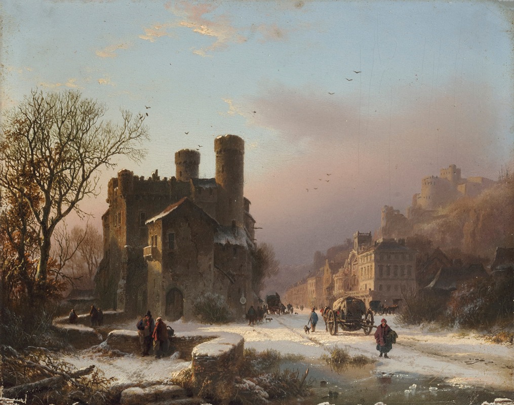 Barend Cornelis Koekkoek - A winter landscape with figures near a village