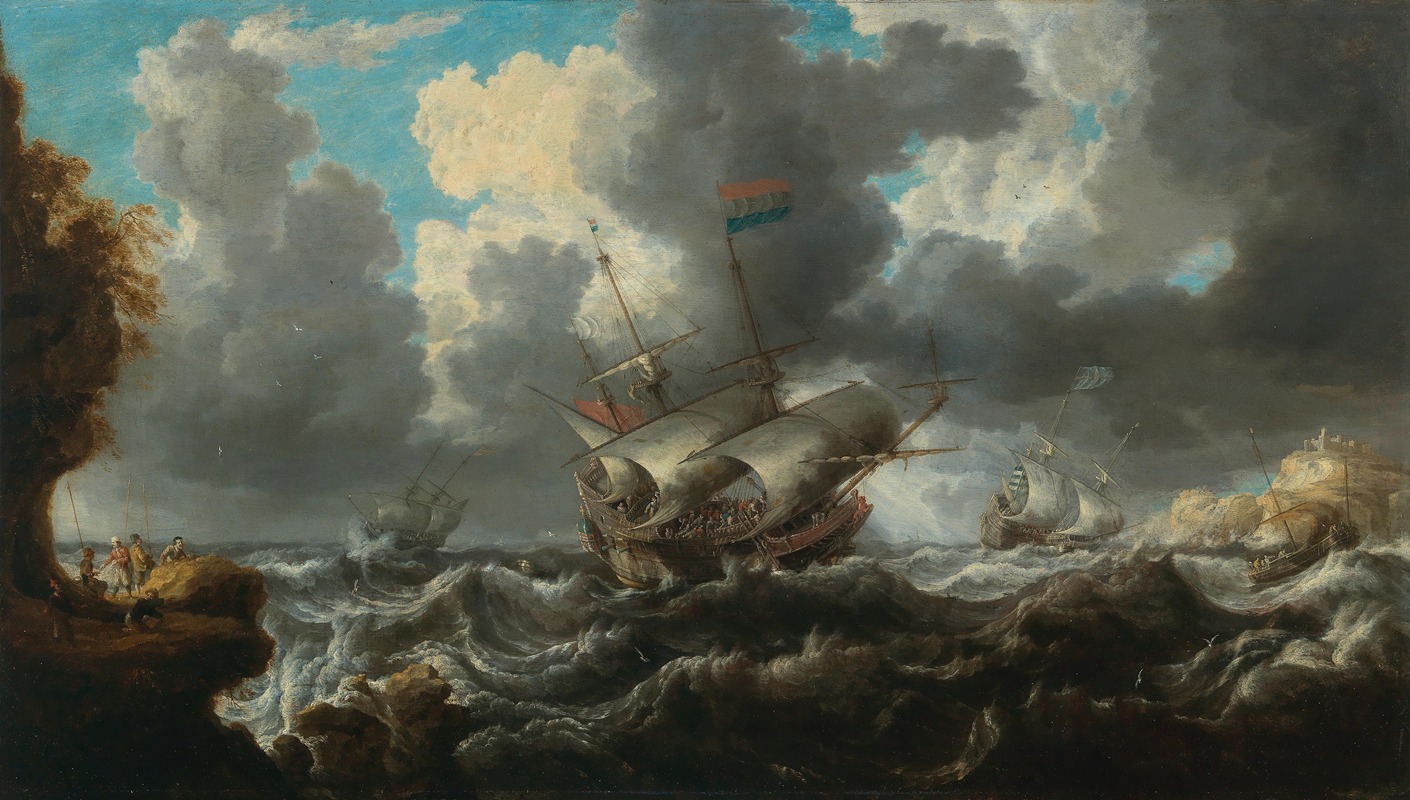 Bonaventura Peeters the Elder - A man o’war in choppy seas with soldiers on an outcrop nearby