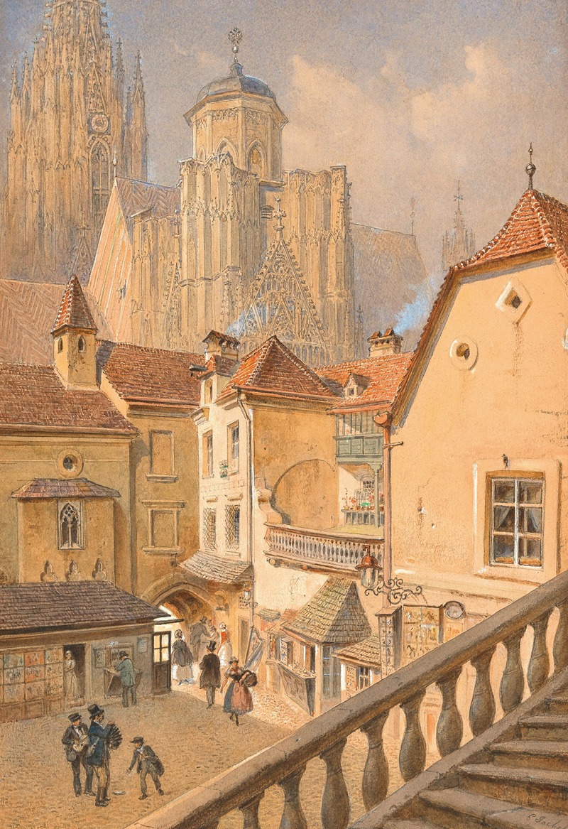 Carl Goebel - A view of St. Stephen’s Cathedral from a passage house in Wollzeile