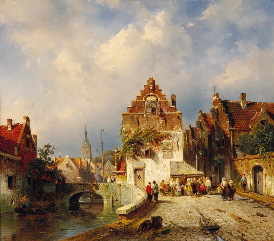 Charles Leickert - A Village Scene with a Bridge