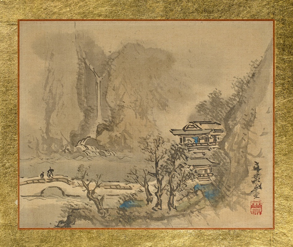 Tani Bunchō - An Old Man and an Attendant heading to a two-story Mansion at the Shore