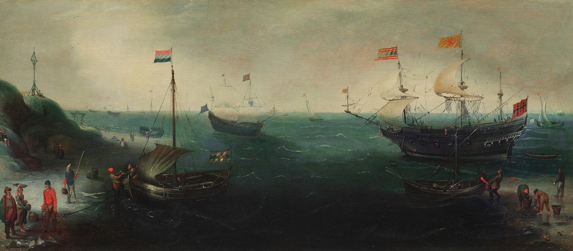 Cornelis Claesz. van Wieringen - A coastline with ships and figures on the shore