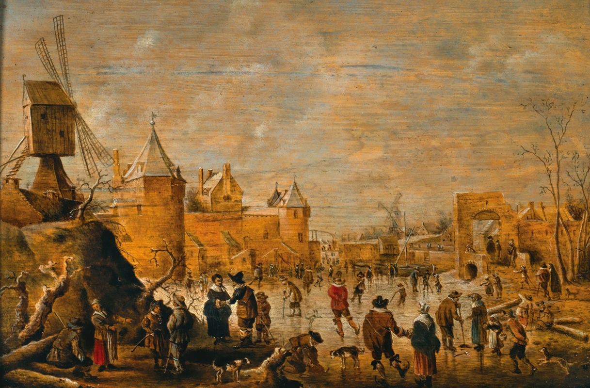 Cornelis Droochsloot - Skaters on a frozen canal with fortifications beyond