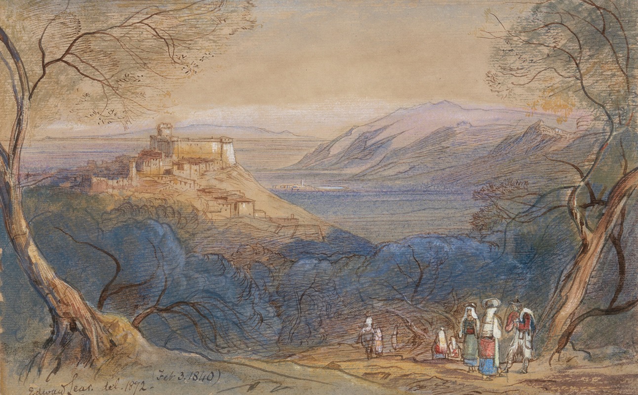 Edward Lear - View of the Castello Caetani and the hill-town of Sermoneta, Lazio, Italy
