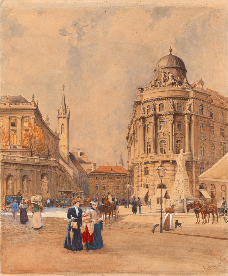 Ernst Graner - Old Albrechtsplatz (today Albertinaplatz) in Vienna with the Philipphof and the Mozart monument