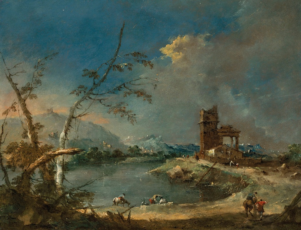 Francesco Guardi - A capriccio of a rustic tower beside a lake