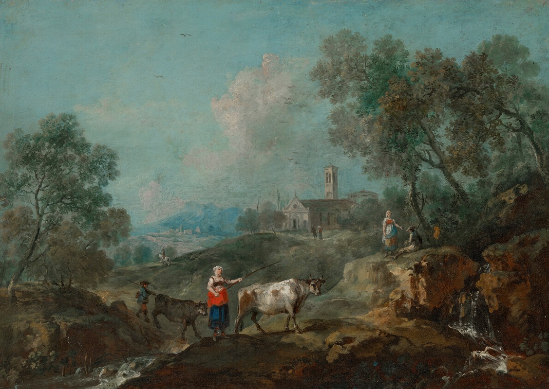 Francesco Zuccarelli - An Italianate landscape with peasants herding cattle near a stream, a town beyond