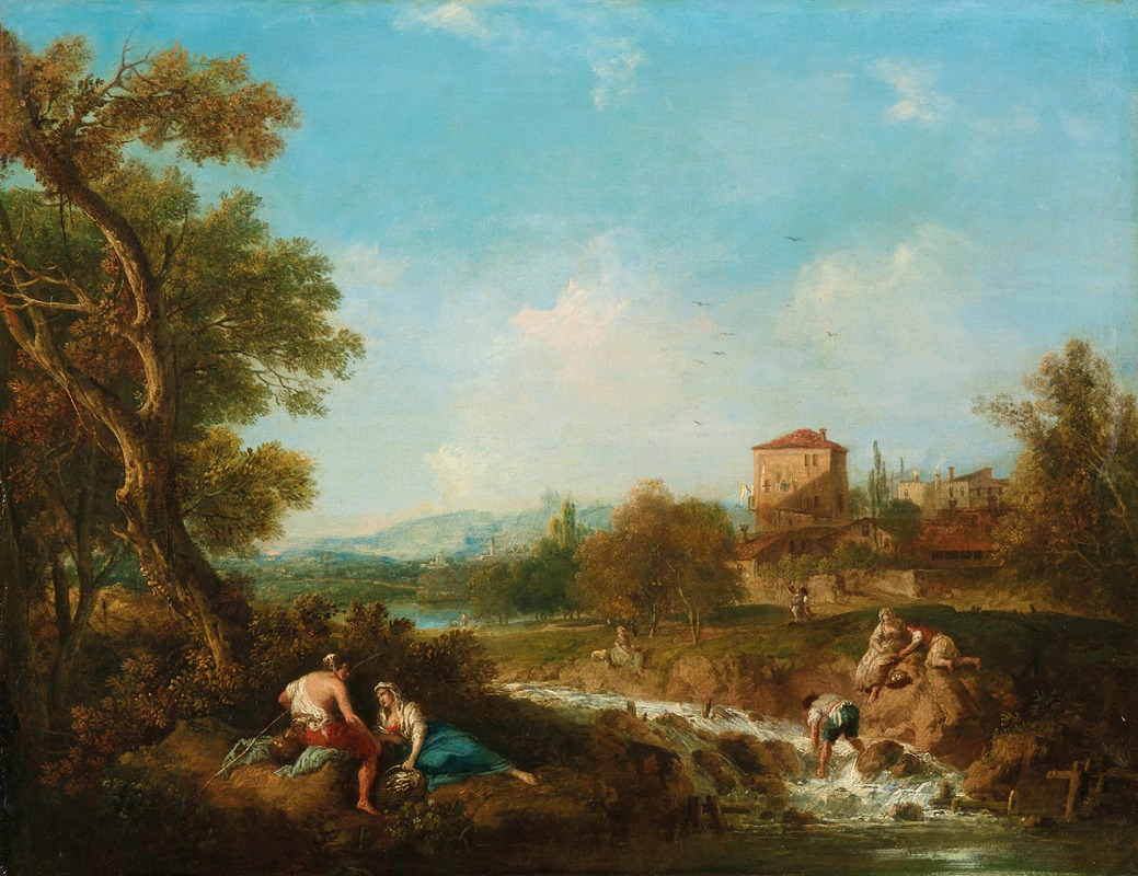 Francesco Zuccarelli - An Arcadian landscape with figures near a stream, a village beyond