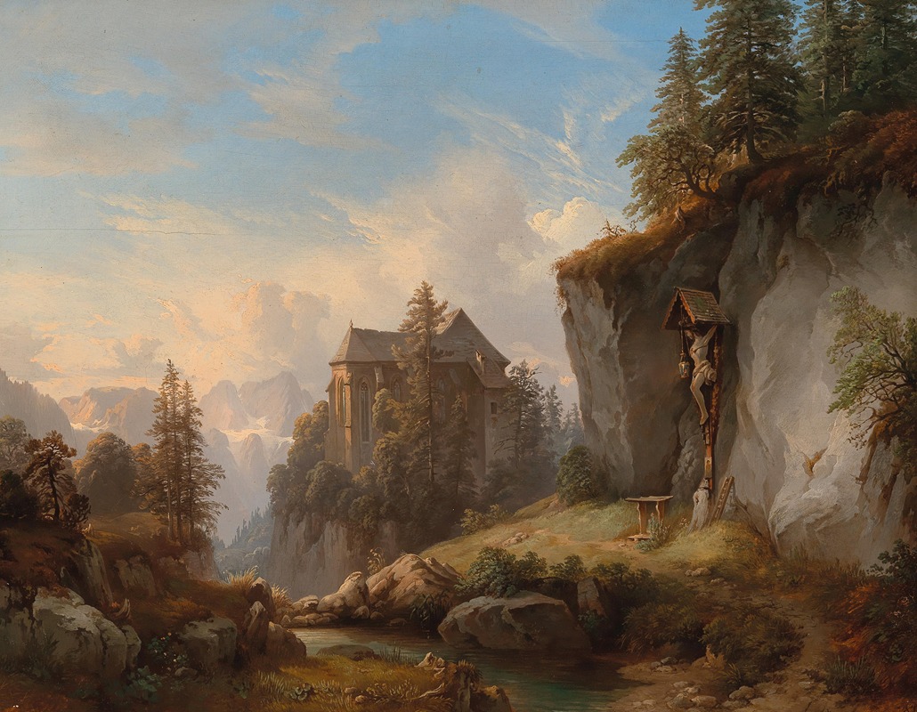 Franz Barbarini - A Mountain Landscape with a Chapel and Wayside Shrine