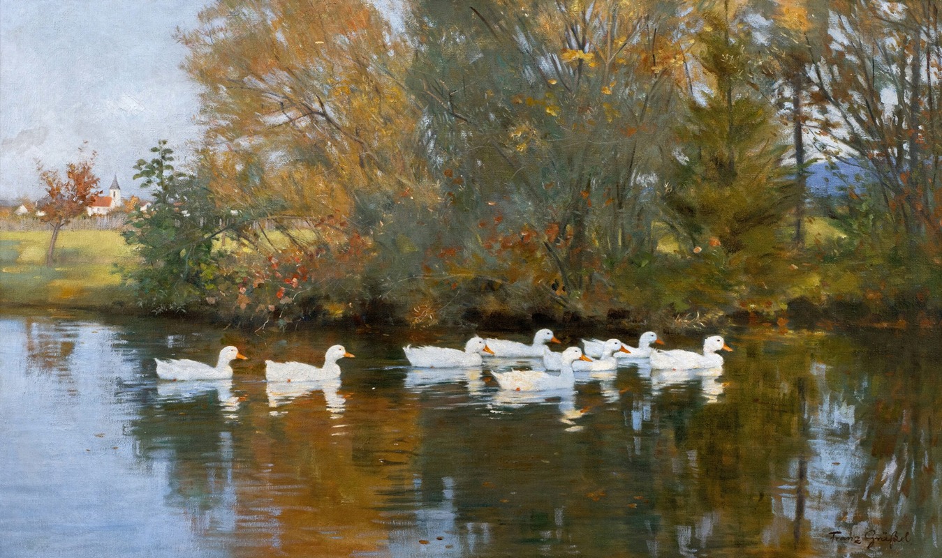 Franz Xaver Gräßel - Herbstlandschaft mit Enten auf einem Teich