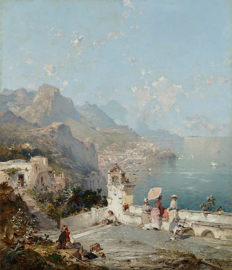 Franz Richard Unterberger - Amalfi; The Gulf of Sorrento, Figures on a Veranda