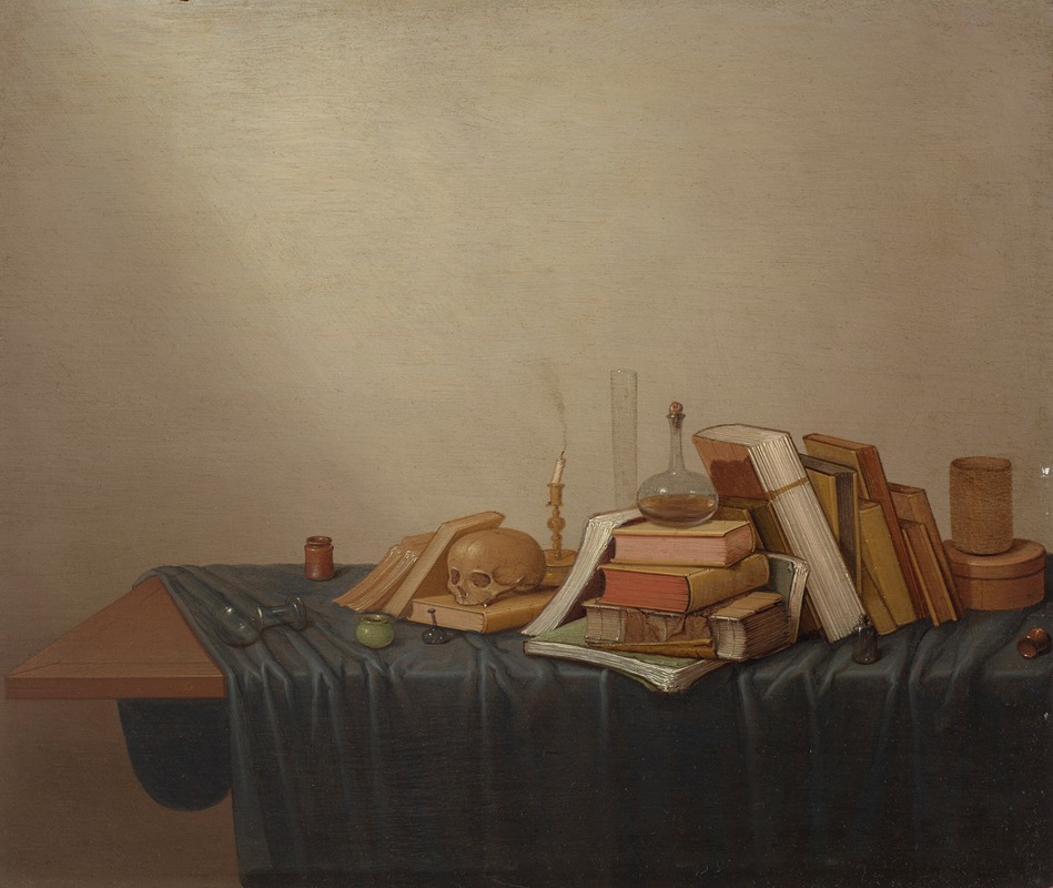 Gerrit van Vucht - A Vanitas with books, a skull, a candle and various objects on a table