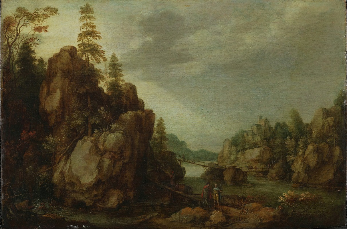 Gillis Claesz. de Hondecoeter - A Mountainous River Landscape with Tobias and the Angel