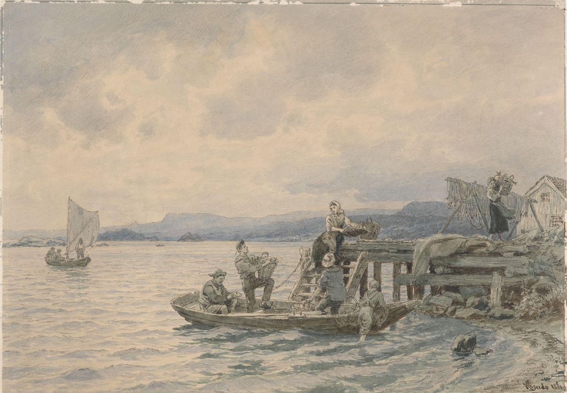 Hans Gude - Fishermen at Pier in The Kristiania Fjord