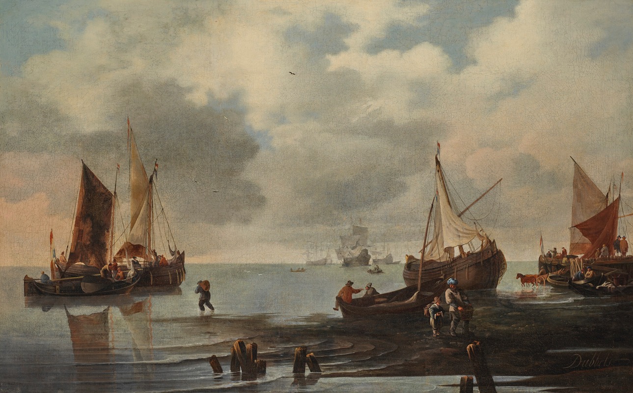 Hendrick Jacobsz. Dubbels - A calm with ships and fishermen along the shore