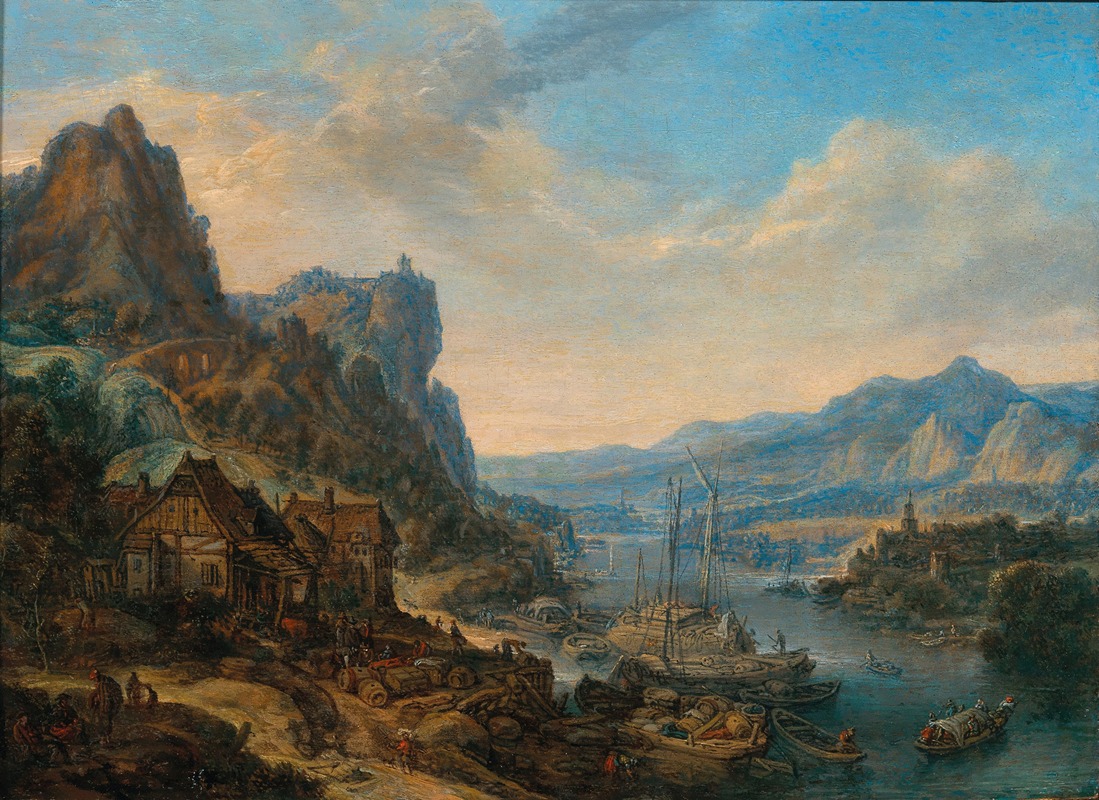 Herman Saftleven - A Rhenish river landscape with trading vessels