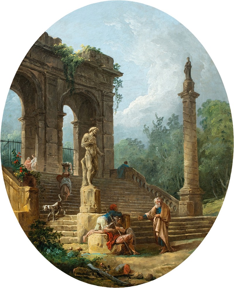 Hubert Robert - A capriccio of a classical arcade and a column with figures conversing before a statue