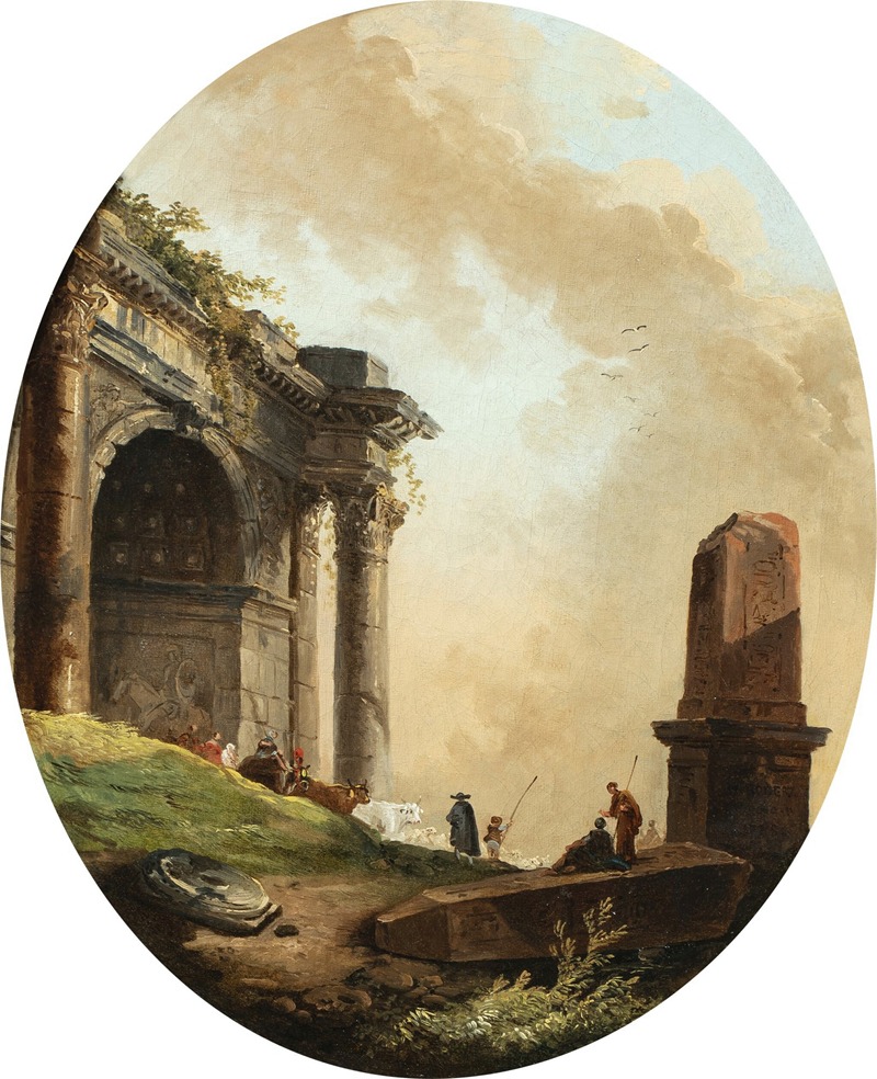 Hubert Robert - Drovers and their livestock before a ruined arch and obelisk