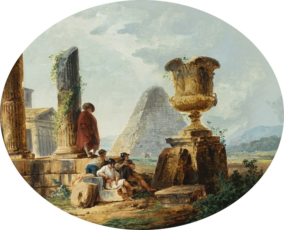 Hubert Robert - Landscape with soldiers and a pyramid