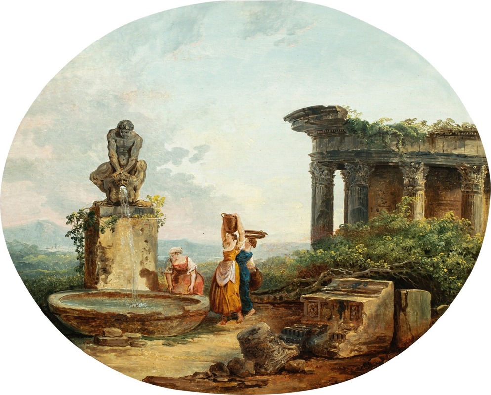 Hubert Robert - Landscape with washerwomen at a fountain