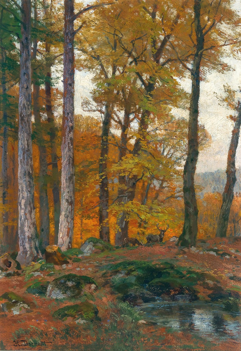 Hugo Darnaut - A Forest Glade with Stags in Autumn