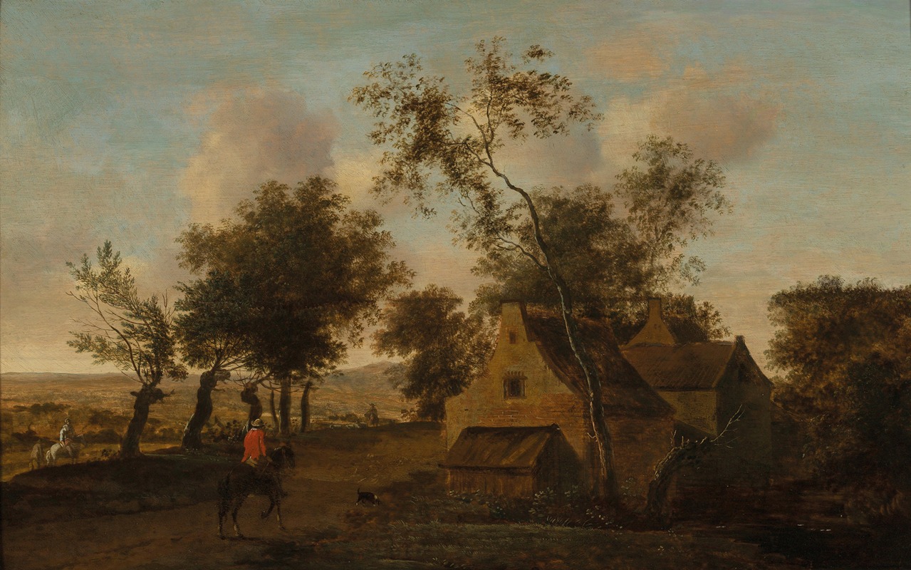 Isaac Koene - A wooded landscape with travellers and riders