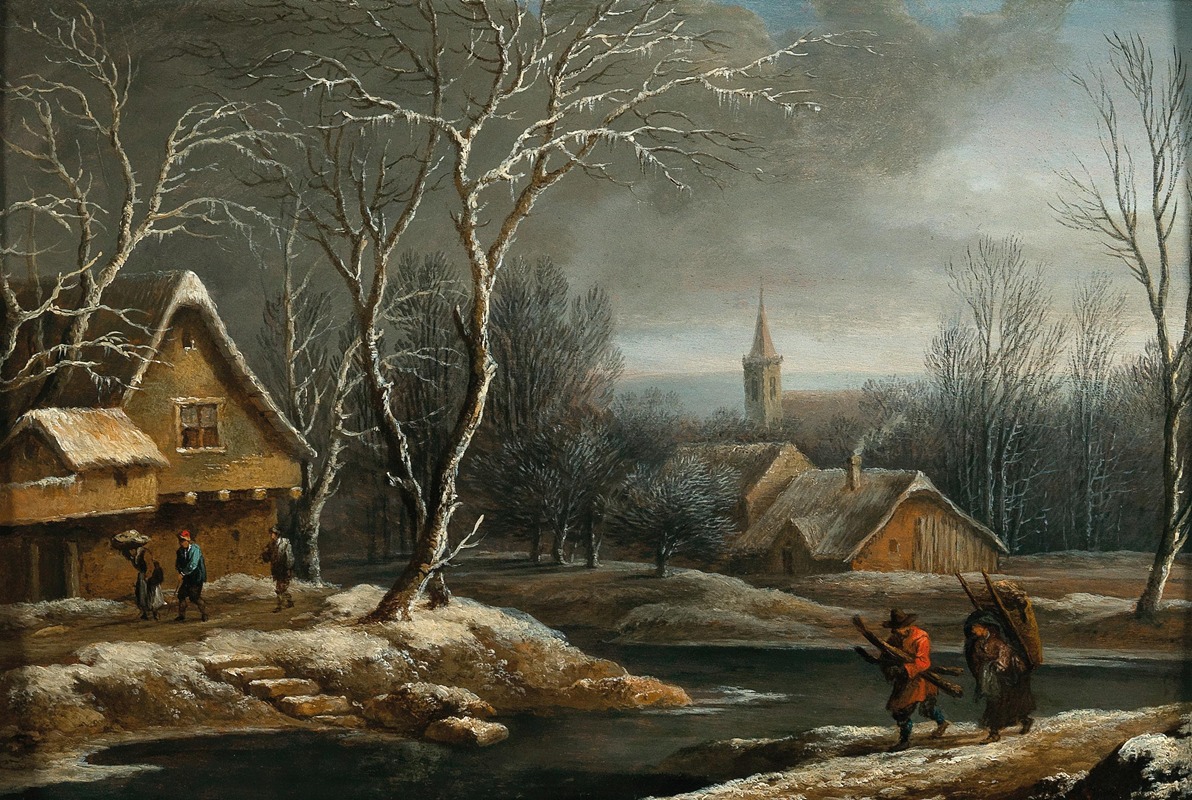 Jacques d'Arthois - A winter landscape with peasants gathering wood