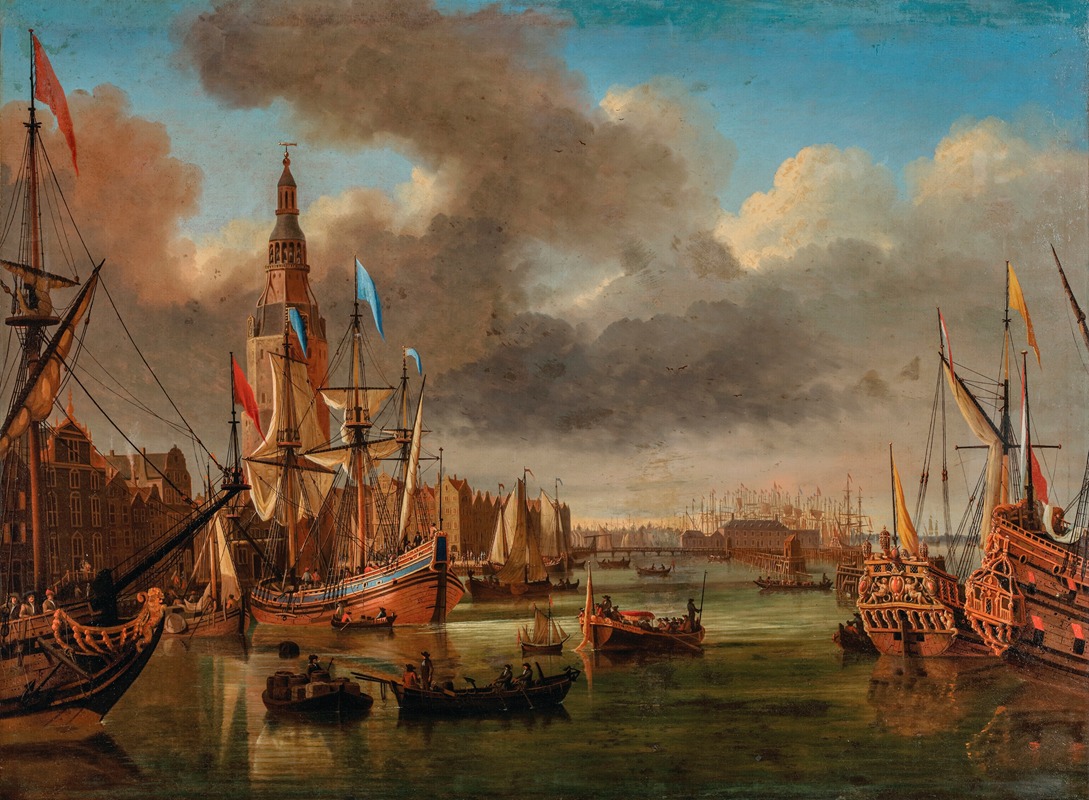 Jan Karel Donatus van Beecq - A view of the IJ, Amsterdam, with the Haringpakkerstoren and the Nieuwe Stadsherberg in the distance