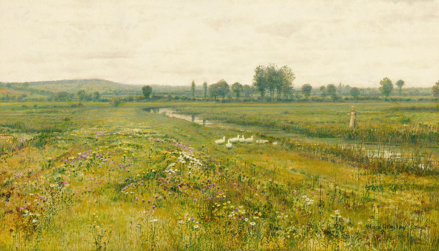 John Atkinson Grimshaw - An extensive meadow landscape with geese by a stream