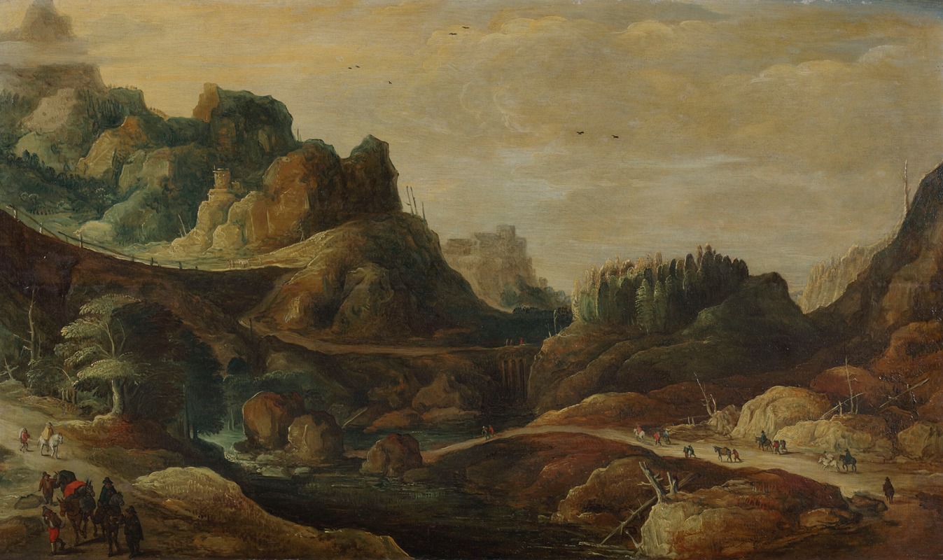 Joos de Momper - A mountainous landscape with travellers on paths along a riverbank