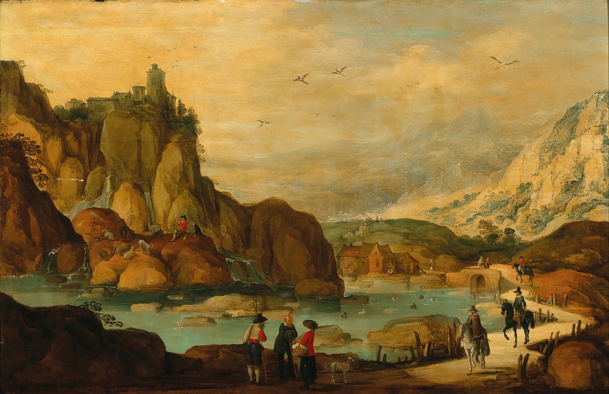 Joos de Momper - A rocky landscape with travellers on horseback near a stream
