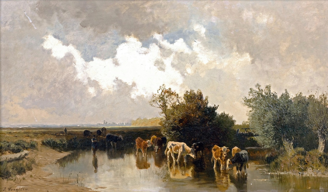 Joseph Wenglein - Kühe an der Tränke bei Abendstimmung