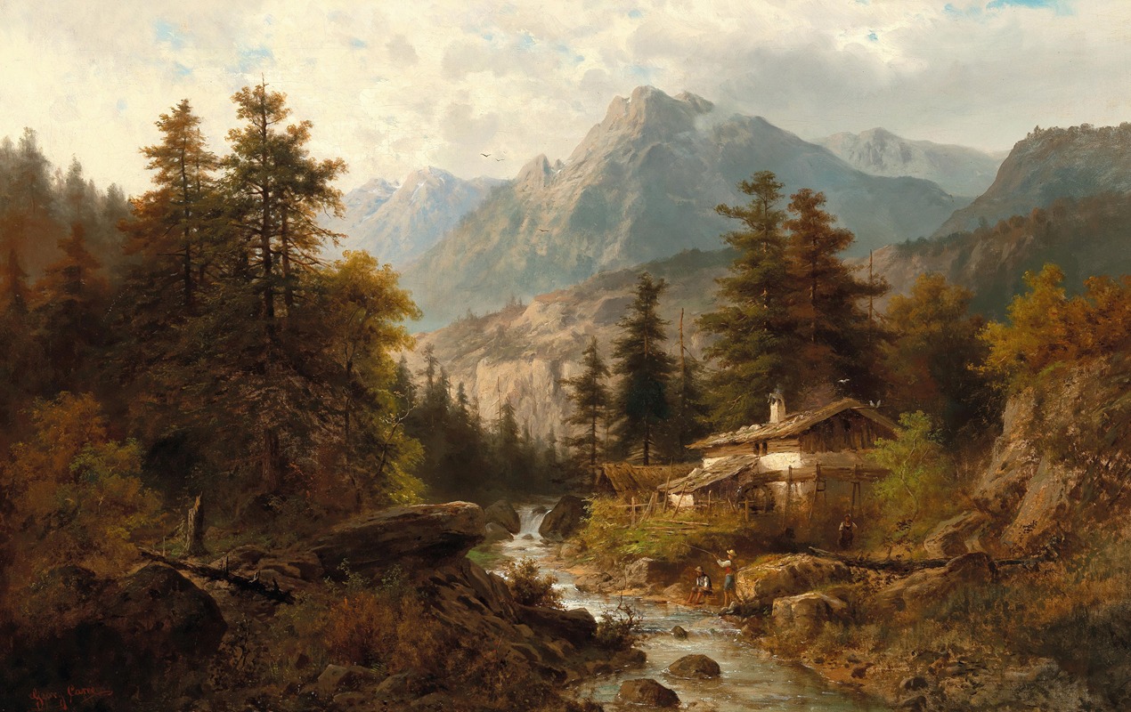 Julius Rose - A Mountain Mill with Fisherman at a Creek