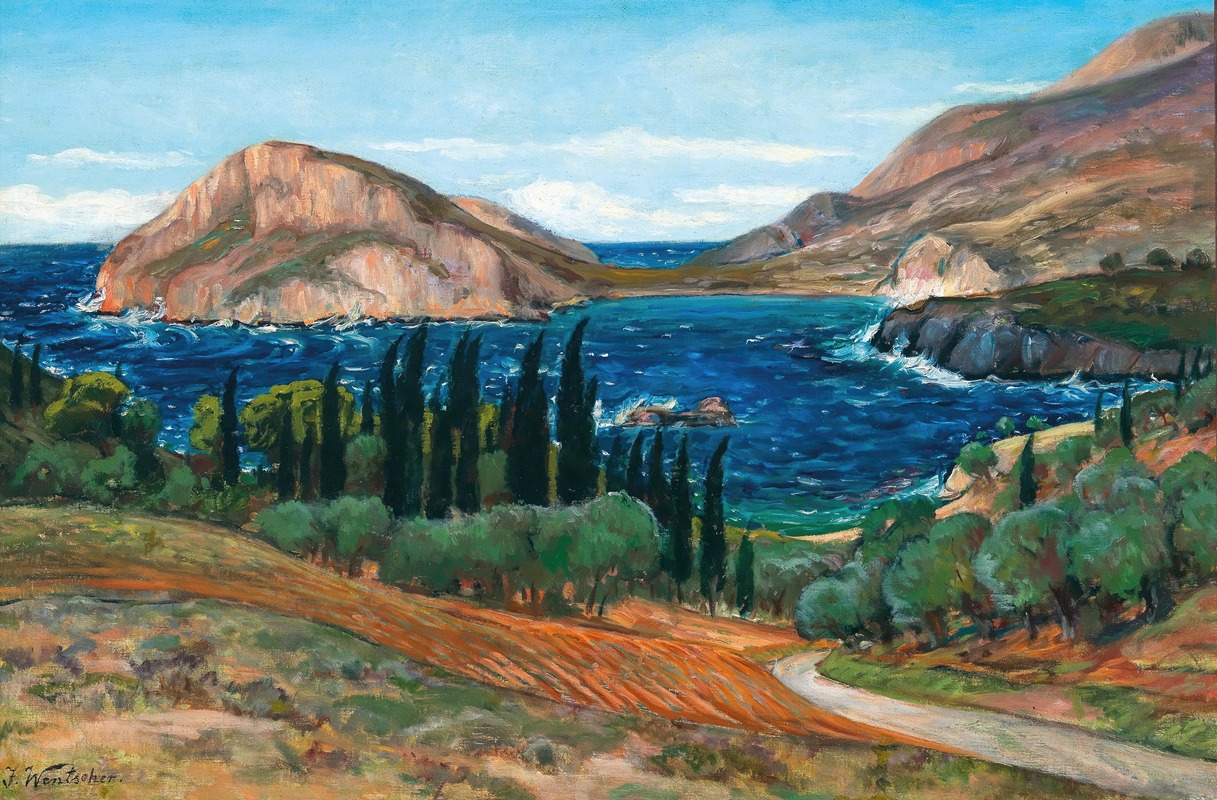 Julius Wentscher - A Greek Coastal Landscape near Vlicho on Lefkada