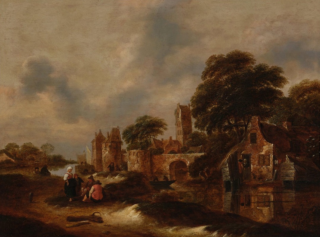 Nicolaes Molenaer - River landscape with village walls and figures conversing in the foreground